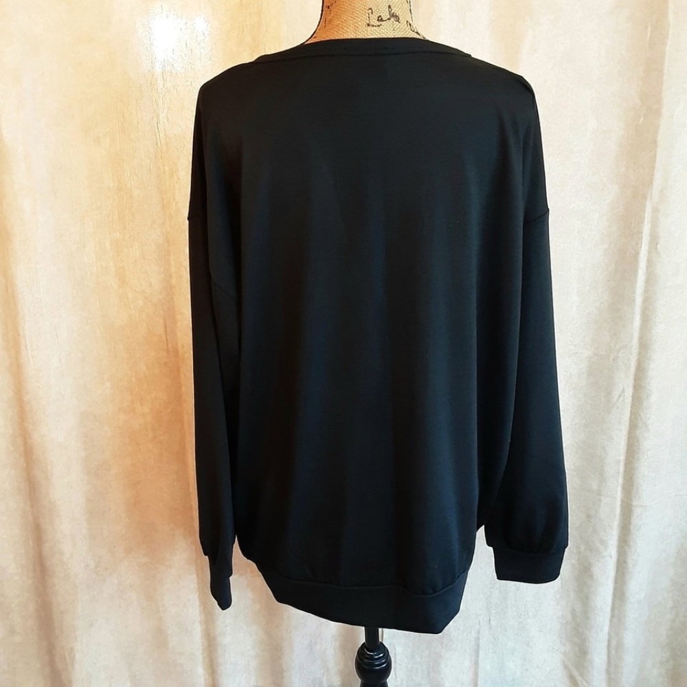 BiBi Long Sleeve Jersey Knit Top Black, Leopard Trim V-neck Size M - NWT - Picture 4 of 10
